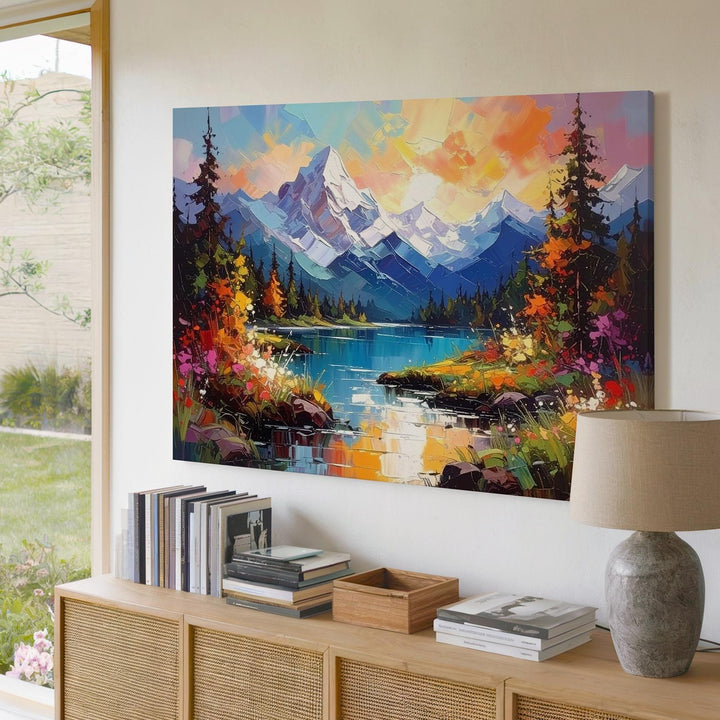 Vibrant Impressionist Mountain Canvas – Bold Palette Knife Landscape with Fiery Sky - Gifitto