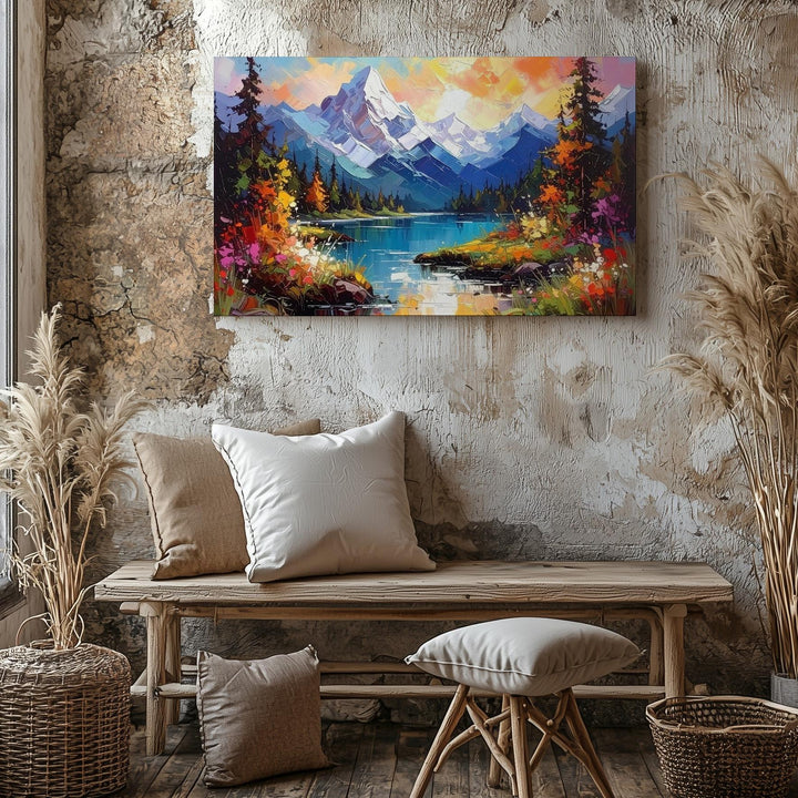 Vibrant Impressionist Mountain Canvas – Bold Palette Knife Landscape with Fiery Sky - Gifitto