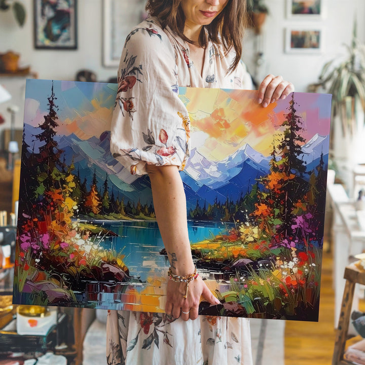 Vibrant Impressionist Mountain Canvas – Bold Palette Knife Landscape with Fiery Sky - Gifitto
