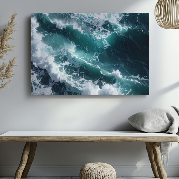 Turbulent Ocean Waves Canvas – Overhead View of Deep Teal Surf & Foam - Gifitto
