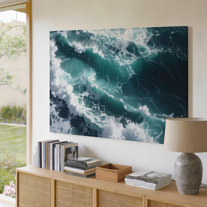 Turbulent Ocean Waves Canvas – Overhead View of Deep Teal Surf & Foam - Gifitto