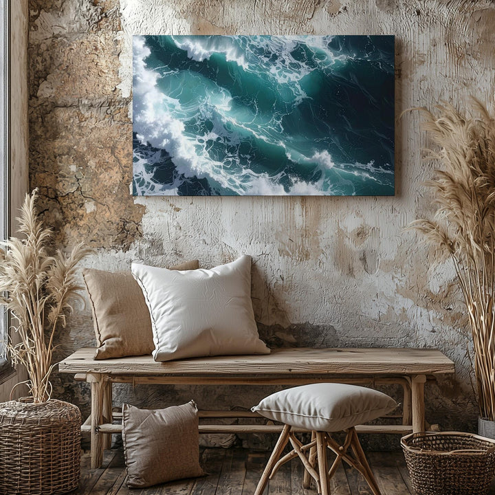 Turbulent Ocean Waves Canvas – Overhead View of Deep Teal Surf & Foam - Gifitto