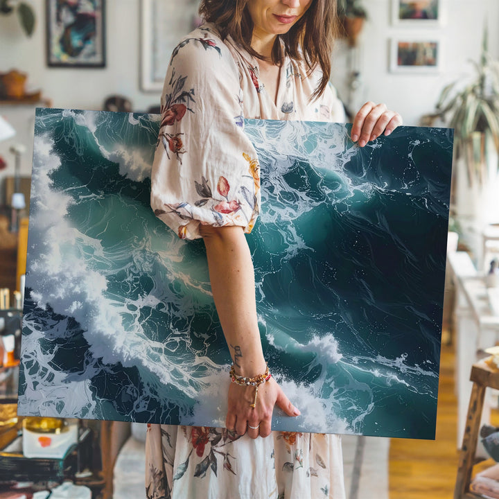 Turbulent Ocean Waves Canvas – Overhead View of Deep Teal Surf & Foam - Gifitto