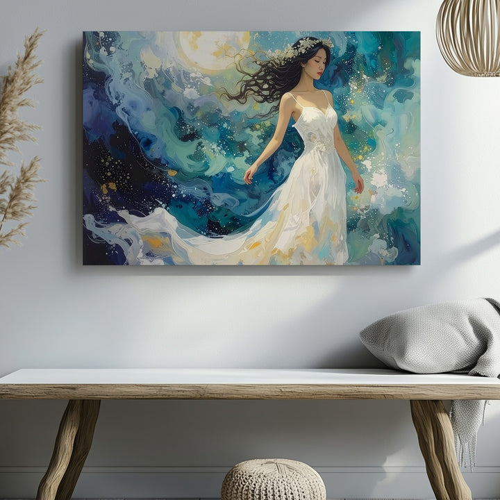 Celestial Dream Woman Canvas – Ethereal Fantasy Moonlight Wall Art - Gifitto