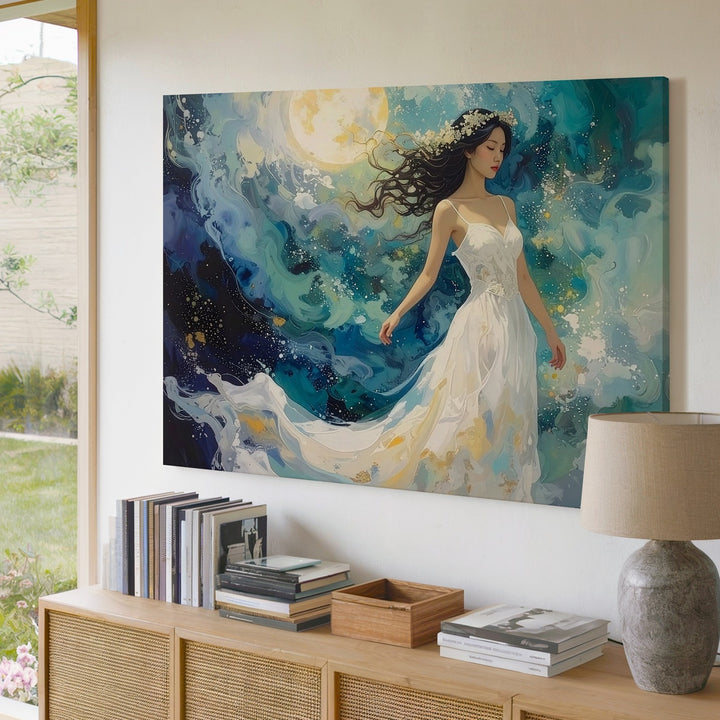 Celestial Dream Woman Canvas – Ethereal Fantasy Moonlight Wall Art - Gifitto