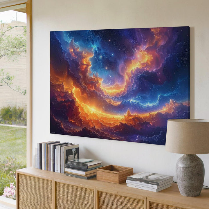 Interstellar Waveform Canvas – Glowing Orange & Blue Nebula Cloudscape - Gifitto
