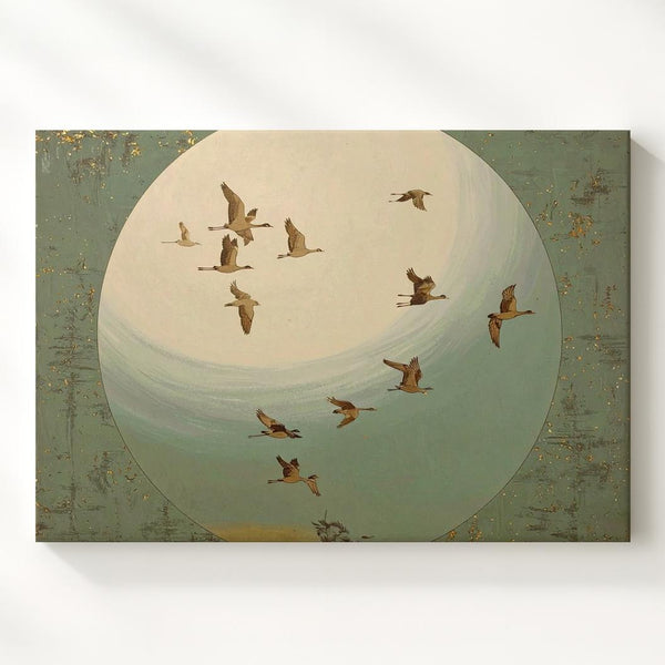 Minimalist Migrating Birds Canvas – Serene Nature Scene with Glowing Moon - Gifitto