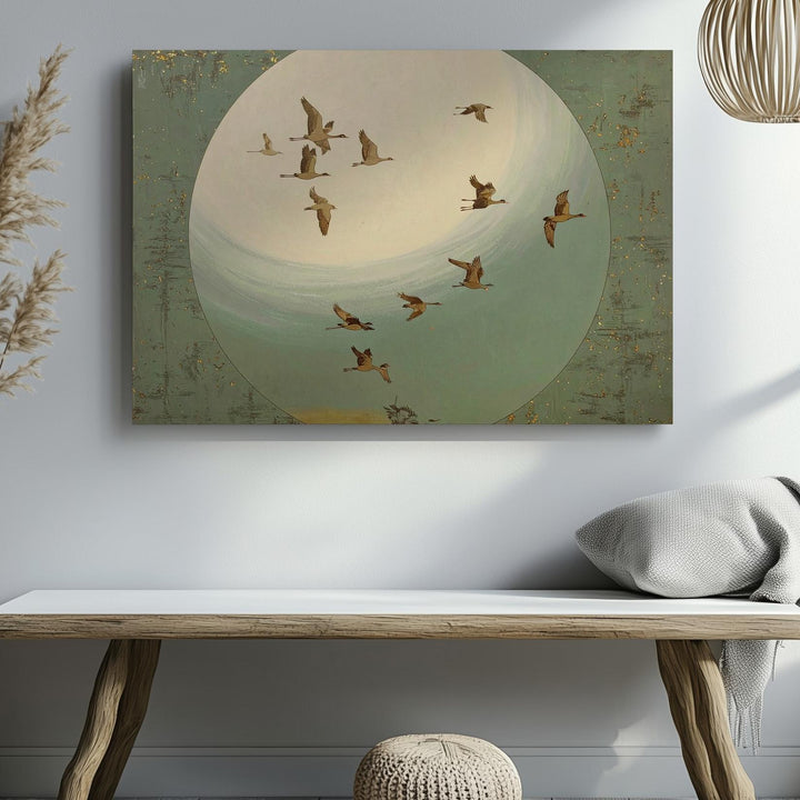 Minimalist Migrating Birds Canvas – Serene Nature Scene with Glowing Moon - Gifitto
