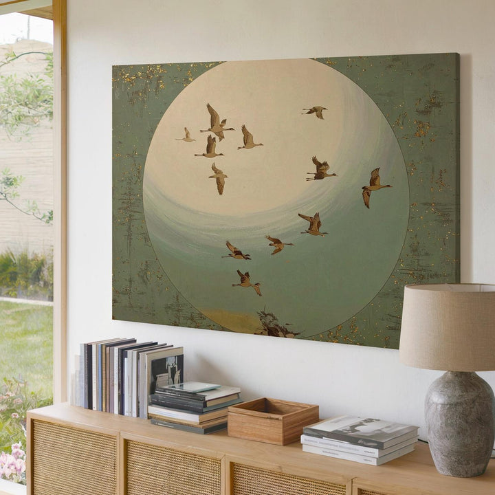 Minimalist Migrating Birds Canvas – Serene Nature Scene with Glowing Moon - Gifitto