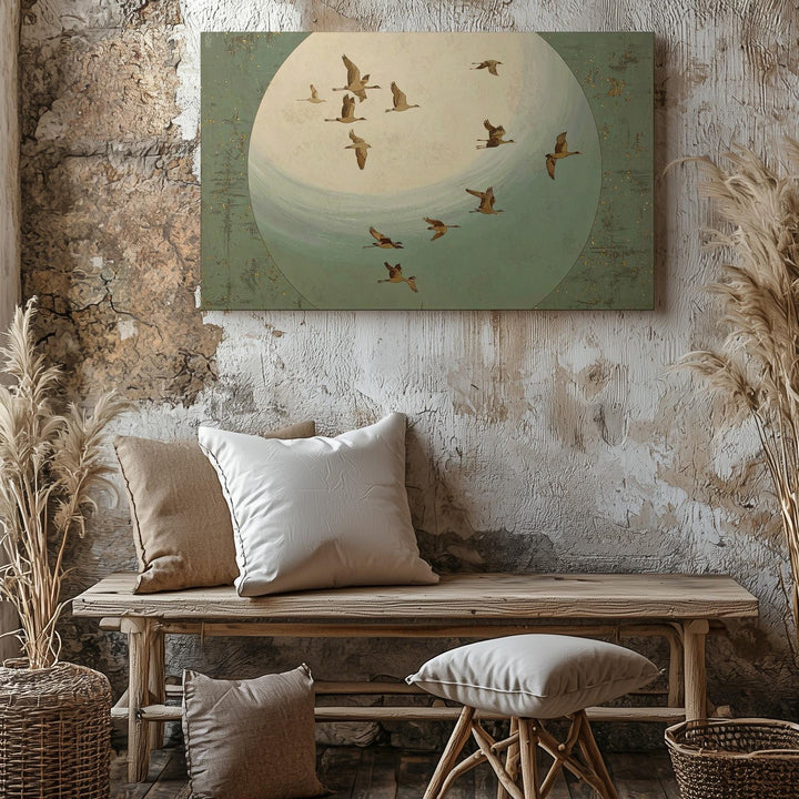 Minimalist Migrating Birds Canvas – Serene Nature Scene with Glowing Moon - Gifitto