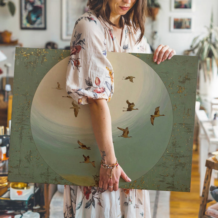 Minimalist Migrating Birds Canvas – Serene Nature Scene with Glowing Moon - Gifitto