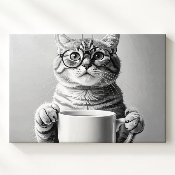 Tabby Cat with Mug Canvas – Monochrome Anthropomorphic Cat Portrait - Gifitto