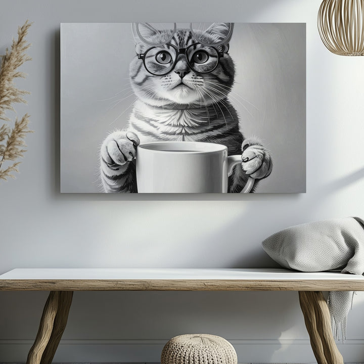 Tabby Cat with Mug Canvas – Monochrome Anthropomorphic Cat Portrait - Gifitto