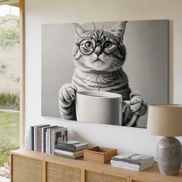 Tabby Cat with Mug Canvas – Monochrome Anthropomorphic Cat Portrait - Gifitto