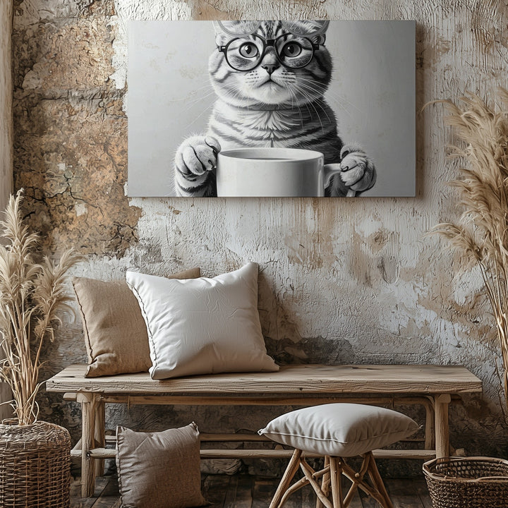 Tabby Cat with Mug Canvas – Monochrome Anthropomorphic Cat Portrait - Gifitto