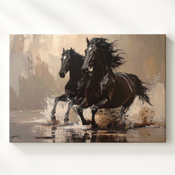 Thundering Shadows Canvas – Black Horses Galloping Through Water - Gifitto