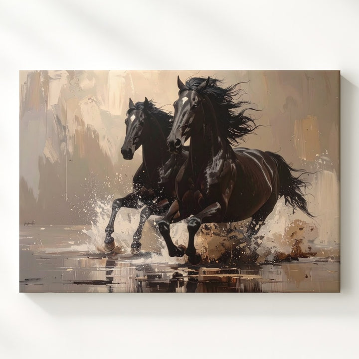 Thundering Shadows Canvas – Black Horses Galloping Through Water - Gifitto