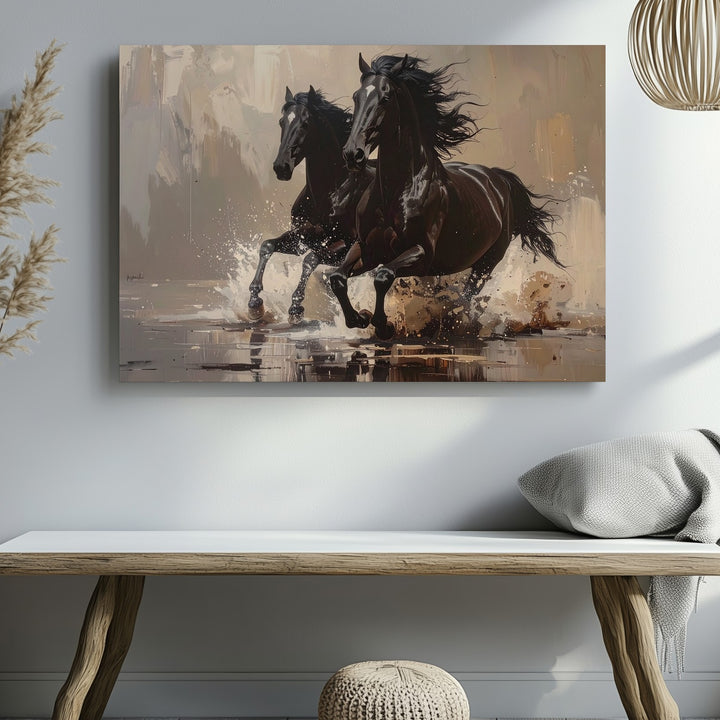 Thundering Shadows Canvas – Black Horses Galloping Through Water - Gifitto