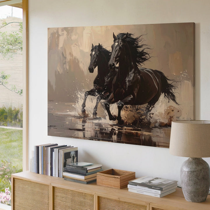 Thundering Shadows Canvas – Black Horses Galloping Through Water - Gifitto