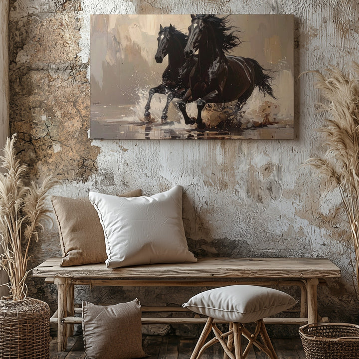 Thundering Shadows Canvas – Black Horses Galloping Through Water - Gifitto