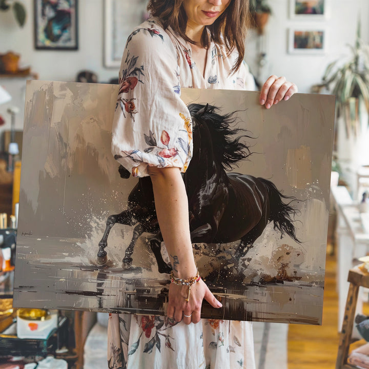 Thundering Shadows Canvas – Black Horses Galloping Through Water - Gifitto
