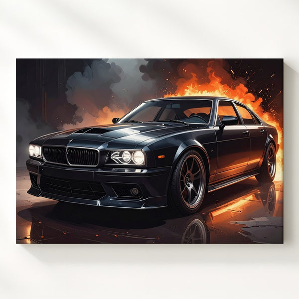 Fire & Steel Canvas – Black Sports Sedan with Cinematic Flame Background - Gifitto