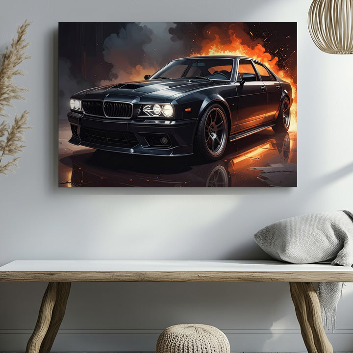 Fire & Steel Canvas – Black Sports Sedan with Cinematic Flame Background - Gifitto