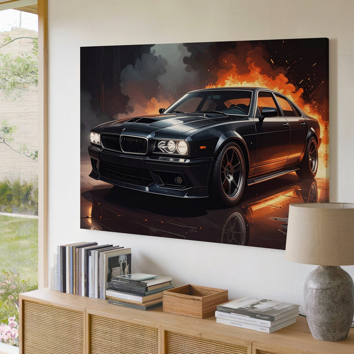 Fire & Steel Canvas – Black Sports Sedan with Cinematic Flame Background - Gifitto
