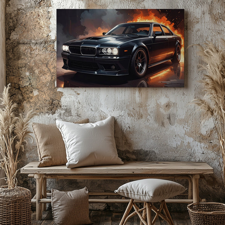 Fire & Steel Canvas – Black Sports Sedan with Cinematic Flame Background - Gifitto