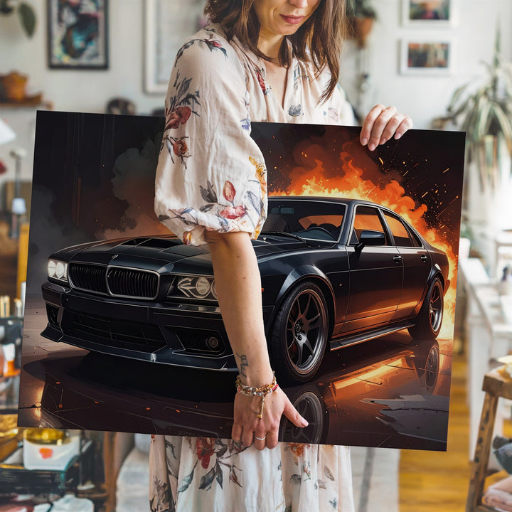 Fire & Steel Canvas – Black Sports Sedan with Cinematic Flame Background - Gifitto