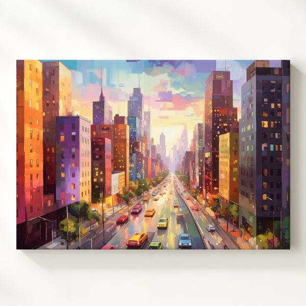 Dreamspeed City Canvas – Colorful Highway Through Stylized Urban Skyline