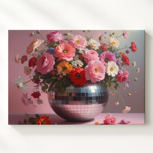 Disco Bloom Vase Canvas – Retro Floral Wall Art with Mirrored Glam - Gifitto