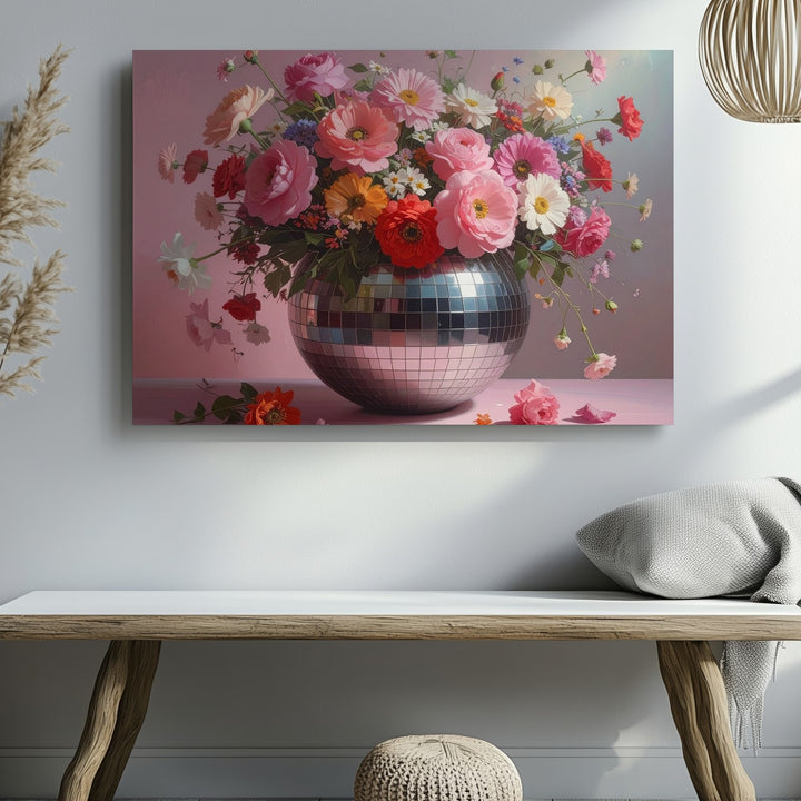 Disco Bloom Vase Canvas – Retro Floral Wall Art with Mirrored Glam - Gifitto