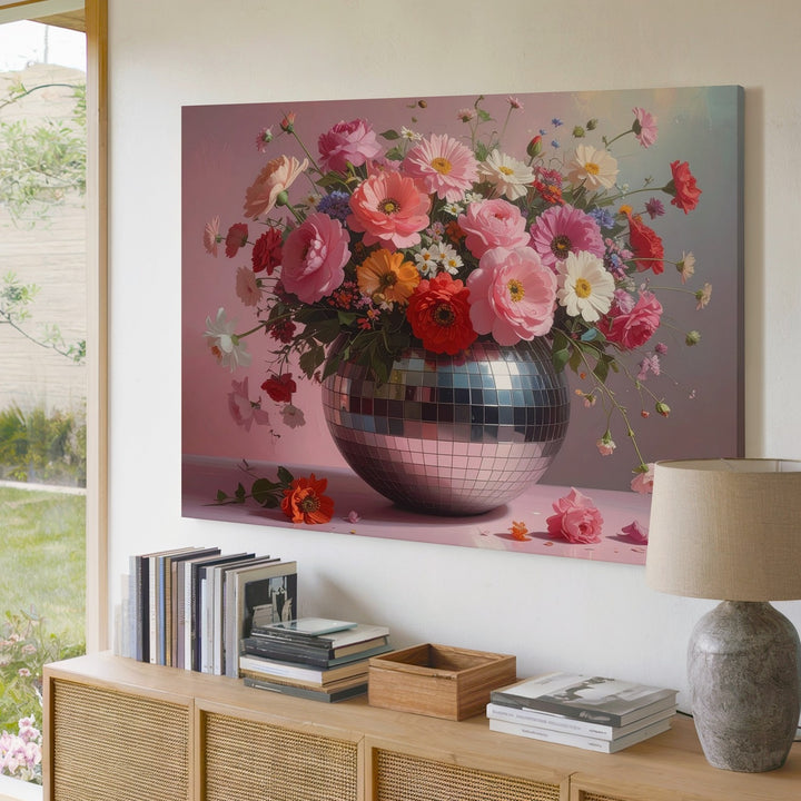 Disco Bloom Vase Canvas – Retro Floral Wall Art with Mirrored Glam - Gifitto