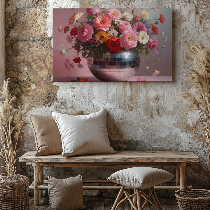 Disco Bloom Vase Canvas – Retro Floral Wall Art with Mirrored Glam - Gifitto