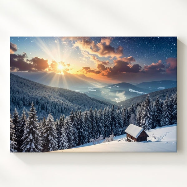 Sunset Cabin in Snowy Valley Canvas – Winter Forest Landscape Wall Art