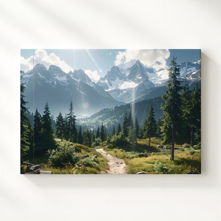 Sunlit Mountain Trail Canvas – Realistic Pine Valley & Snow-Capped Peaks - Gifitto