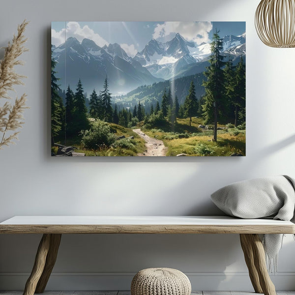Sunlit Mountain Trail Canvas – Realistic Pine Valley & Snow-Capped Peaks - Gifitto