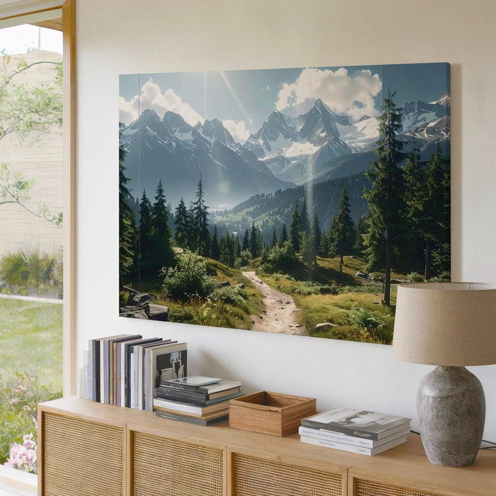 Sunlit Mountain Trail Canvas – Realistic Pine Valley & Snow-Capped Peaks - Gifitto
