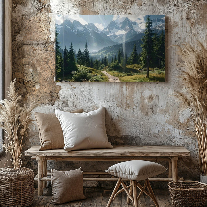 Sunlit Mountain Trail Canvas – Realistic Pine Valley & Snow-Capped Peaks - Gifitto