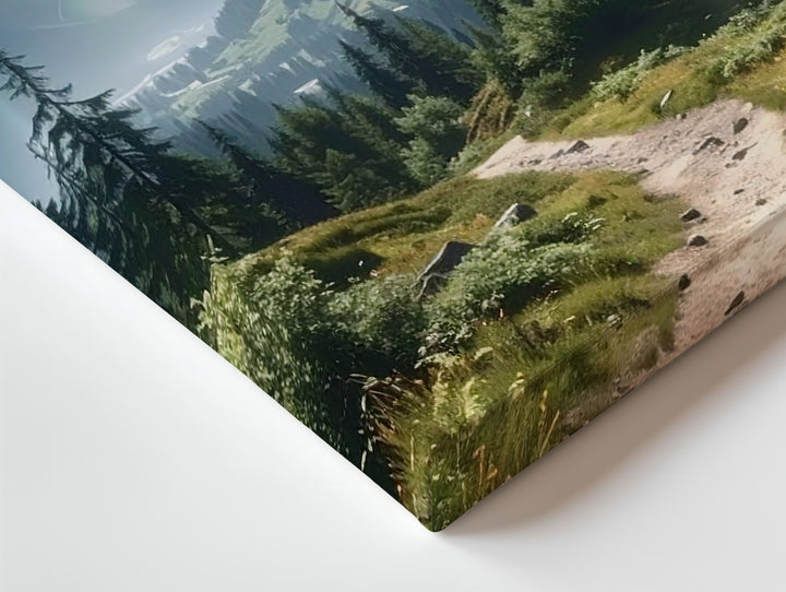 Sunlit Mountain Trail Canvas – Realistic Pine Valley & Snow-Capped Peaks - Gifitto