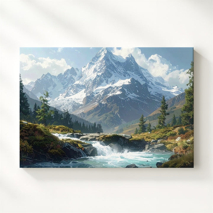 Alpine Majesty Canvas – Snow Peak & Forest Stream Nature Wall Art - Gifitto