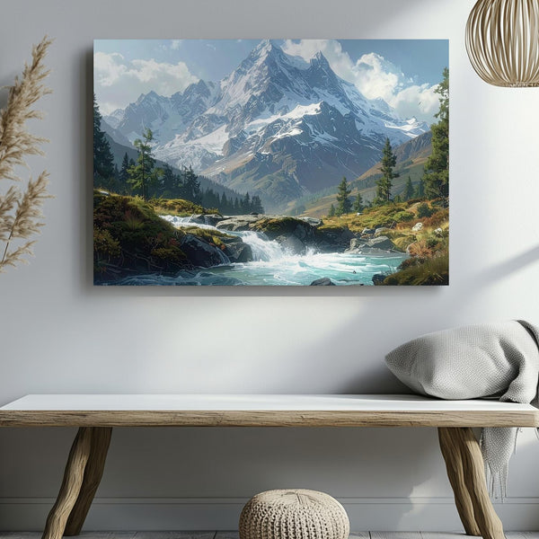 Alpine Majesty Canvas – Snow Peak & Forest Stream Nature Wall Art - Gifitto
