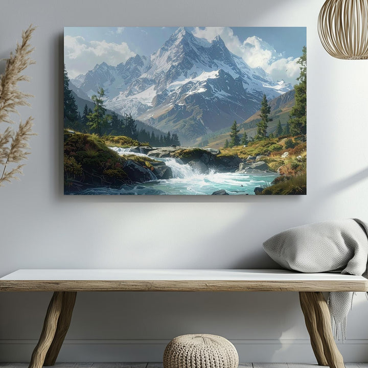 Alpine Majesty Canvas – Snow Peak & Forest Stream Nature Wall Art - Gifitto