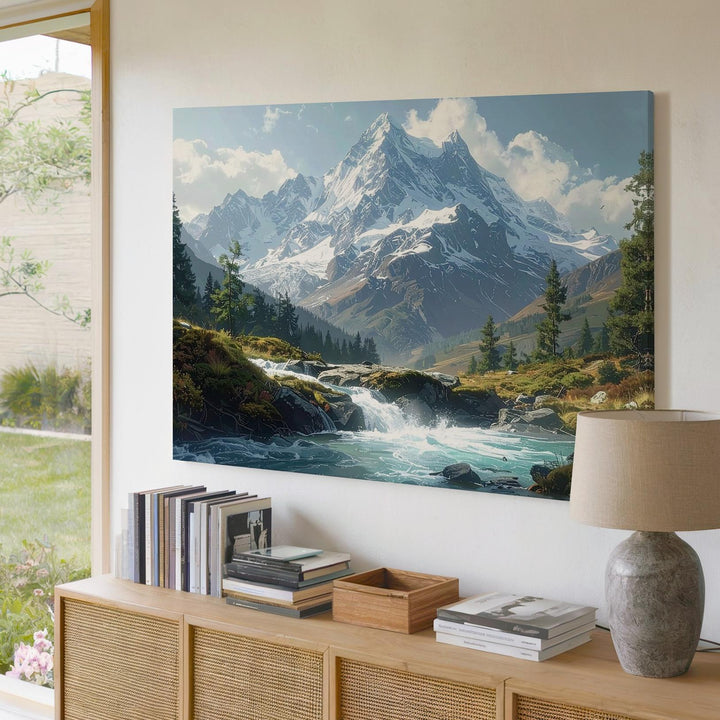 Alpine Majesty Canvas – Snow Peak & Forest Stream Nature Wall Art - Gifitto