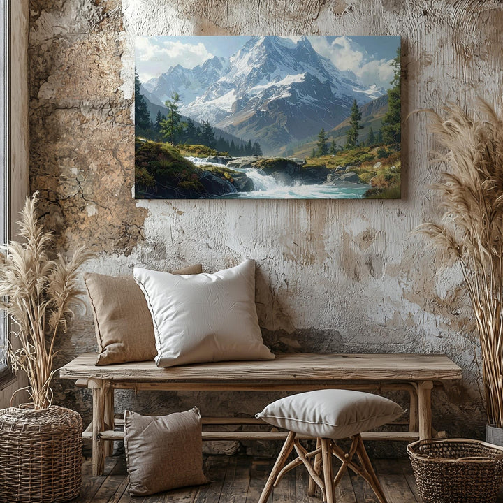 Alpine Majesty Canvas – Snow Peak & Forest Stream Nature Wall Art - Gifitto