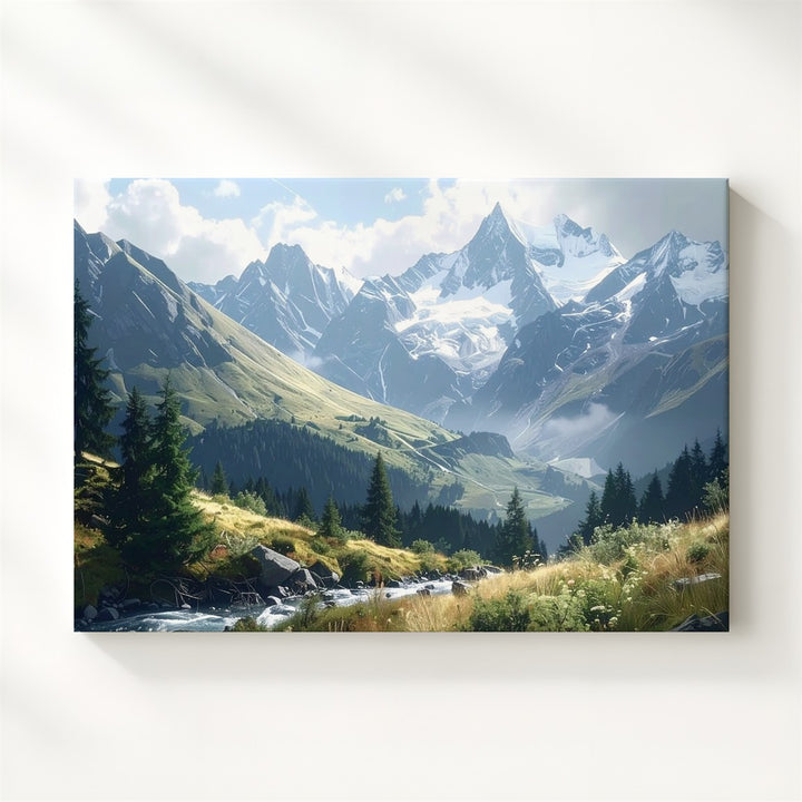 Mountain Majesty Panorama Canvas – Snowy Peaks, Creek & Cloudlight Landscape - Gifitto