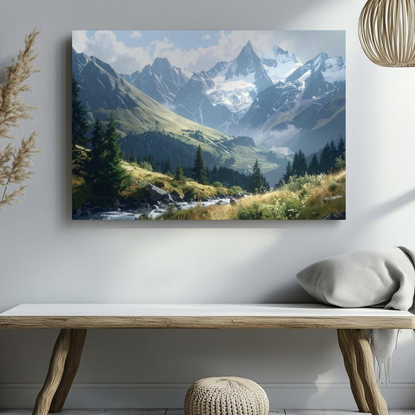 Mountain Majesty Panorama Canvas – Snowy Peaks, Creek & Cloudlight Landscape - Gifitto