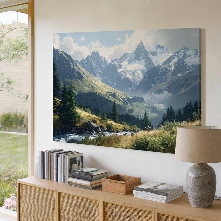 Mountain Majesty Panorama Canvas – Snowy Peaks, Creek & Cloudlight Landscape - Gifitto