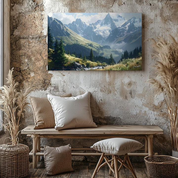 Mountain Majesty Panorama Canvas – Snowy Peaks, Creek & Cloudlight Landscape - Gifitto